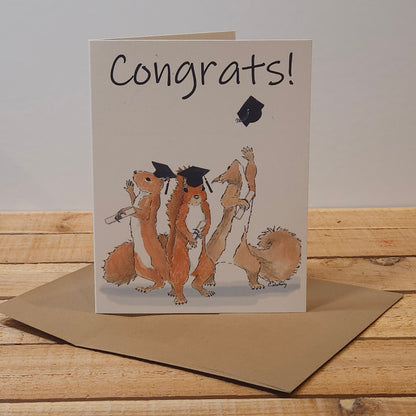 “Congrats” Red Squirrels Graduation Greeting Card | 4.25 x 5.5 inches | Kraft Envelope Included