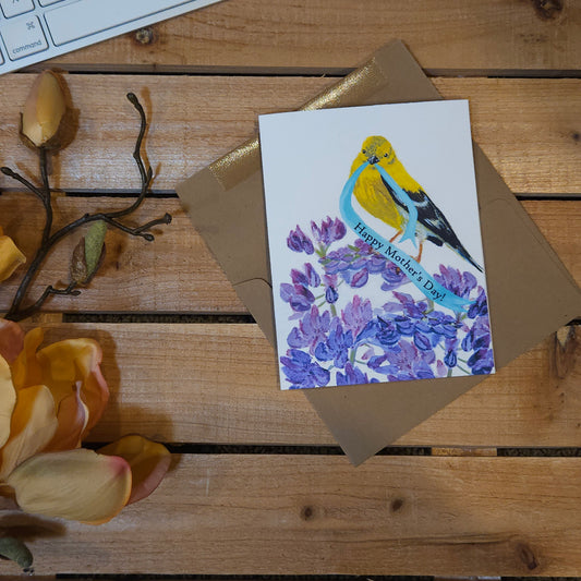 [Goldfinch and Purple Flowers Mother's Day] – Woodland Greeting Card