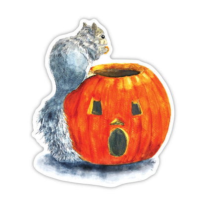 Pumpkin Surprise Squirrel Sticker - 3x3” waterproof vinyl decal