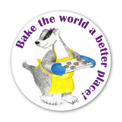 Bake the World a Better Place sticker – whimsical woodland animal gift, perfect for holidays and everyday use.